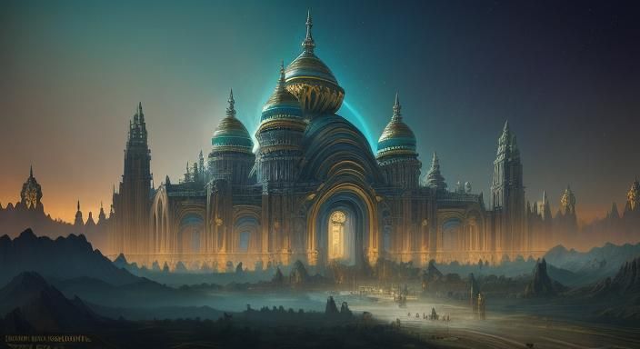 Monumental Sci-Fi Bridge at Night in Art Nouveau Rococo Styl...