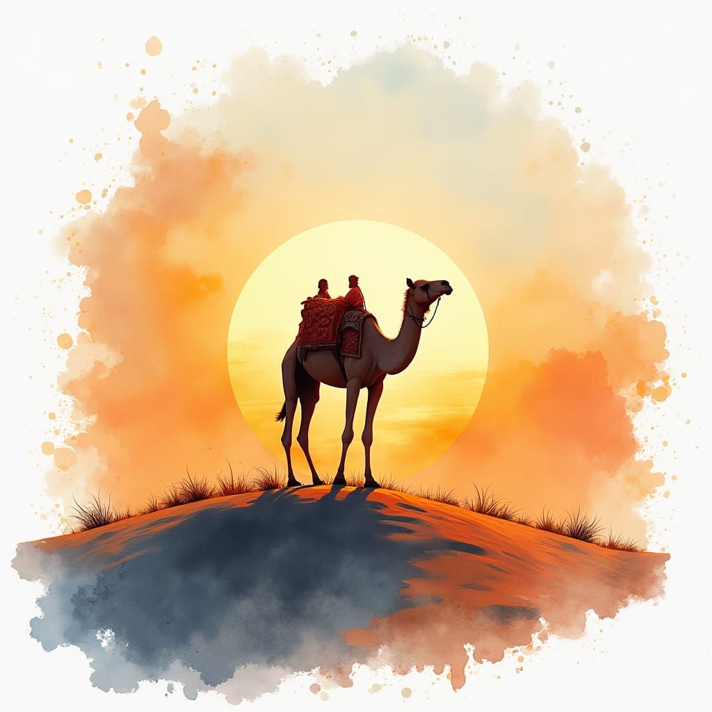 Camel on Windswept Dune in Watercolor Style