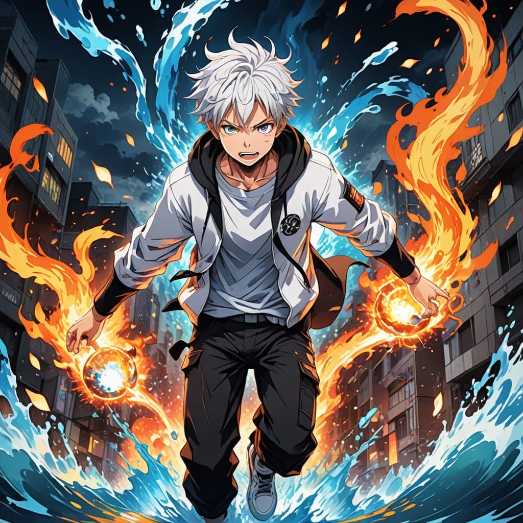 Teenager Controls Fire and Water in Dynamic Anime Art