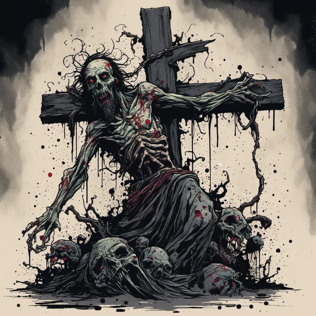 Zombie Jesus Carrying Cross in Twisted Ink Style