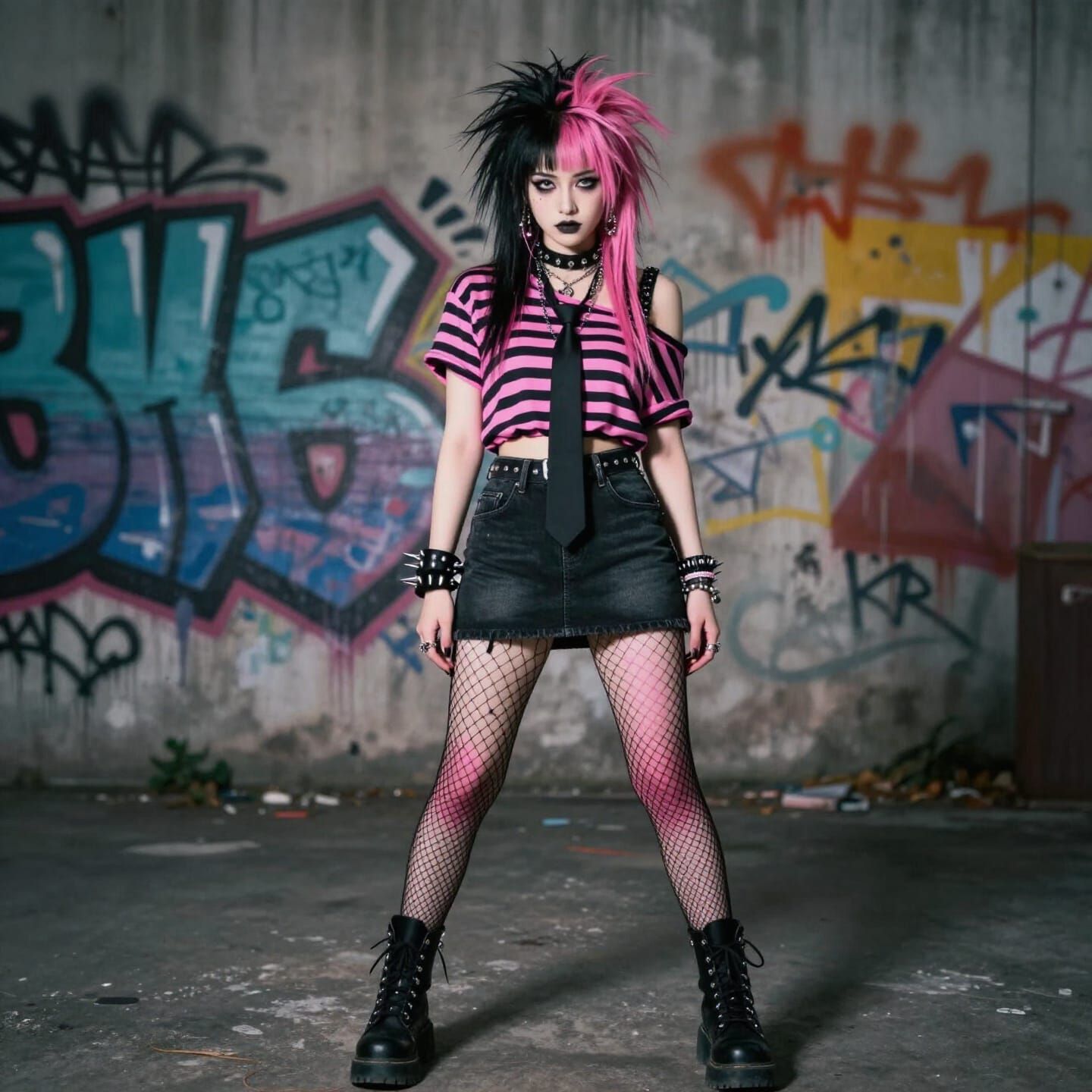 Punk Girl with Pink and Black Hair in Urban Setting