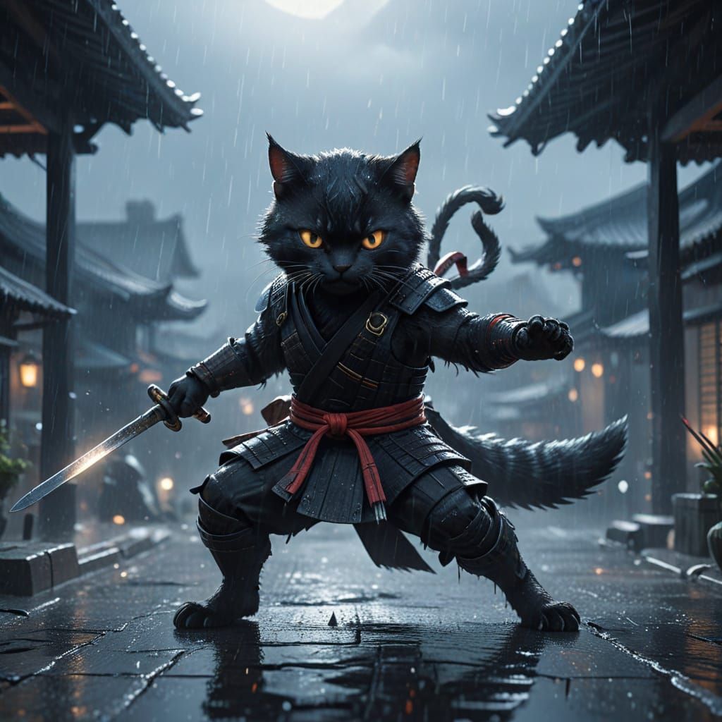Ninja Cat Warrior Wields Katana in Dramatic Rain