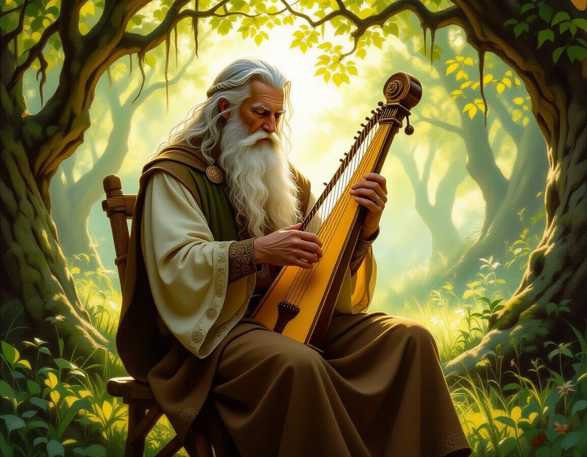 Wise Druid Playing Harp in Enchanted Forest Glade