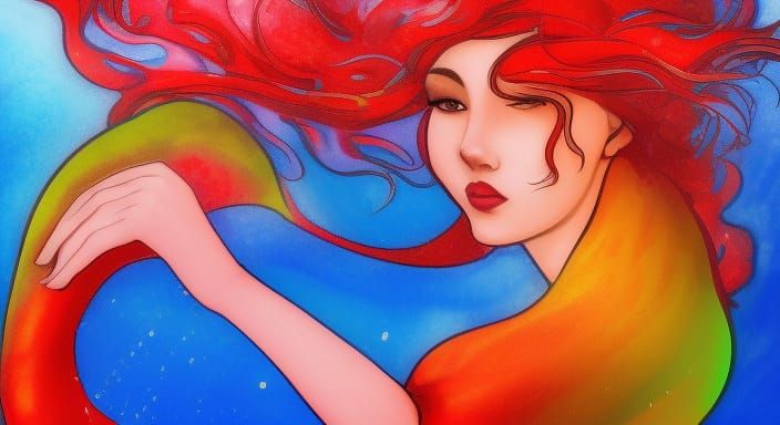 Art Nouveau Mermaid in Crimson and Royal Blue