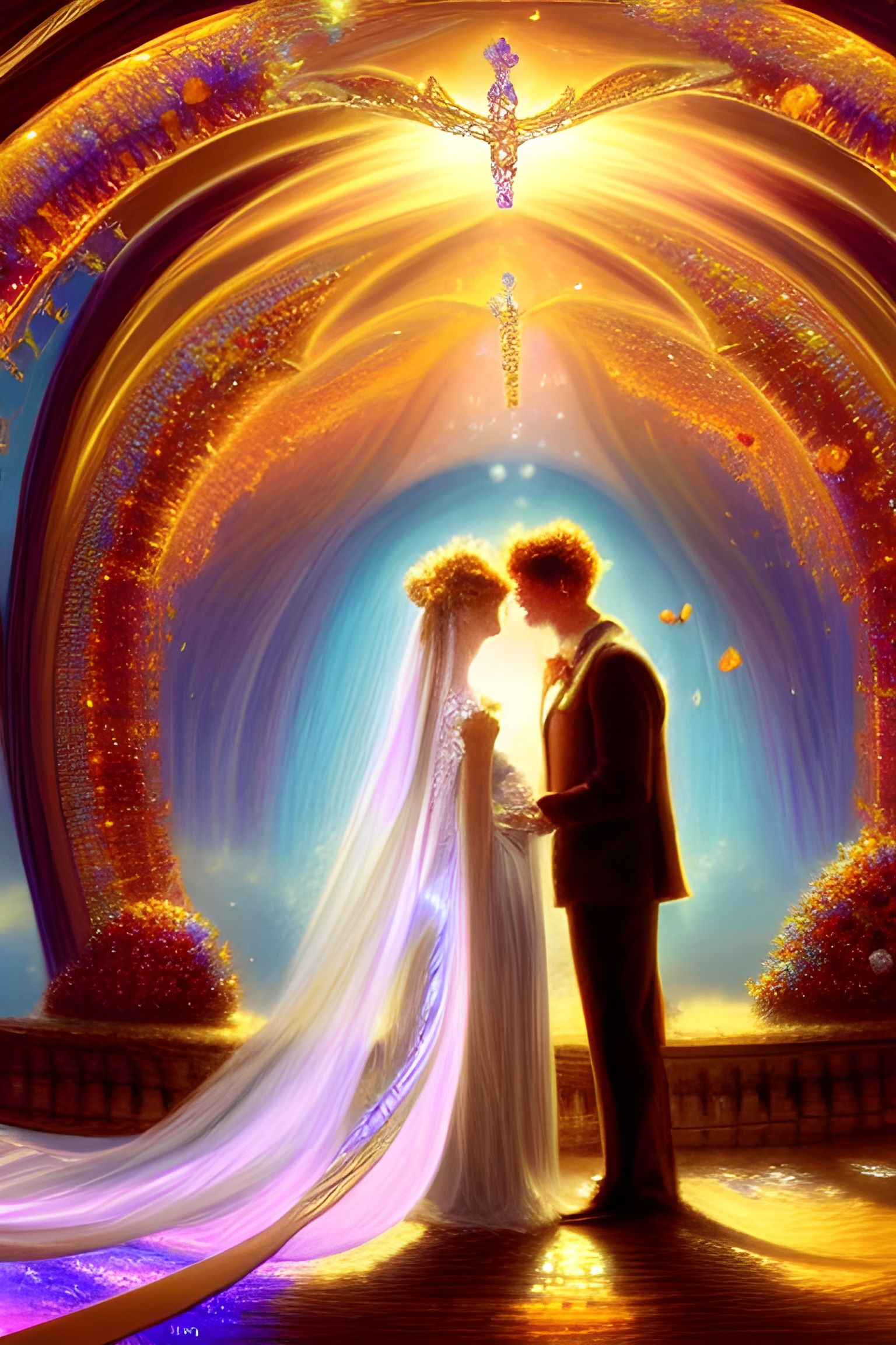 Celestial Newlyweds Beneath Crystalline Archway
