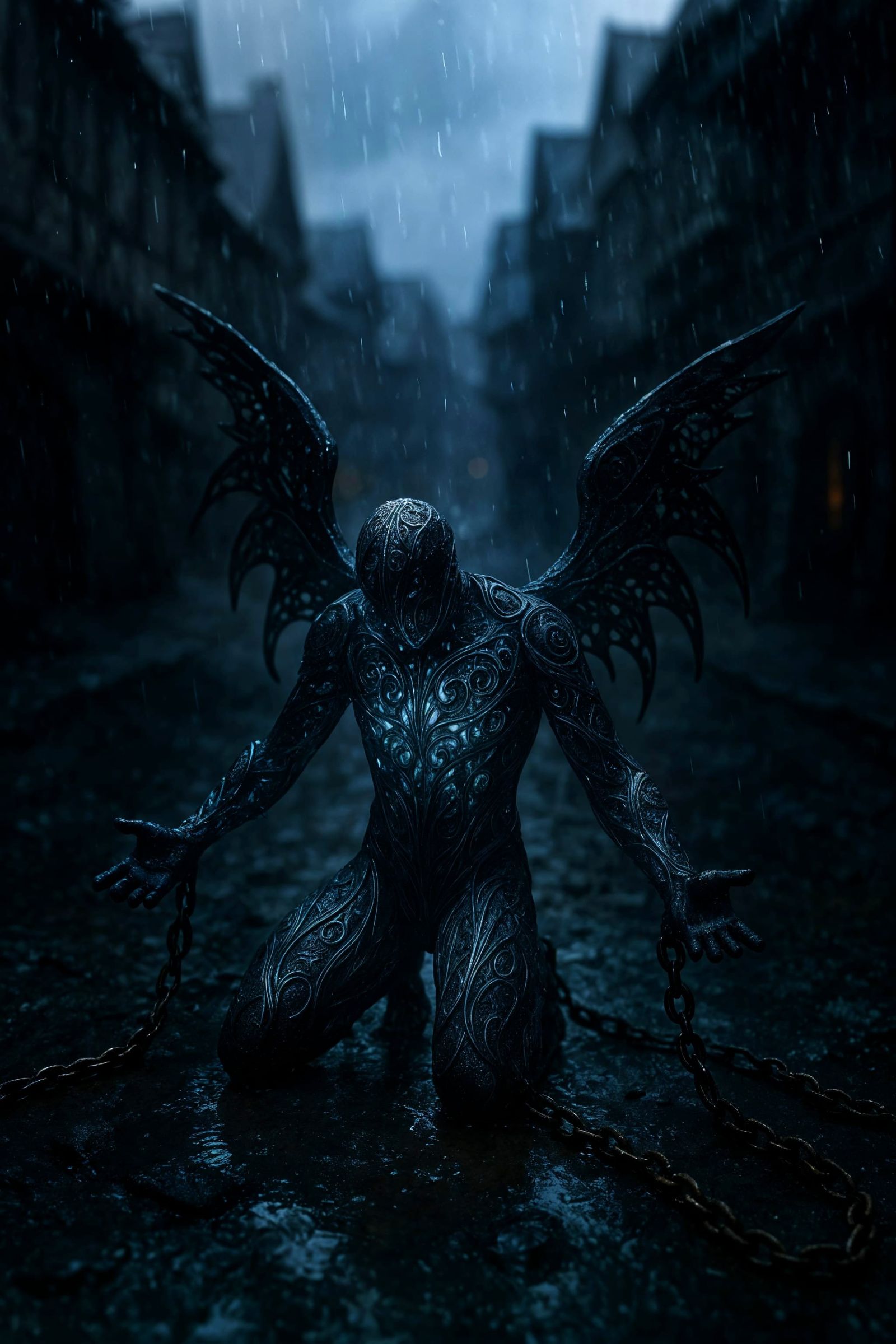 Ethereal Figure Bound in Shadowy Medieval Town