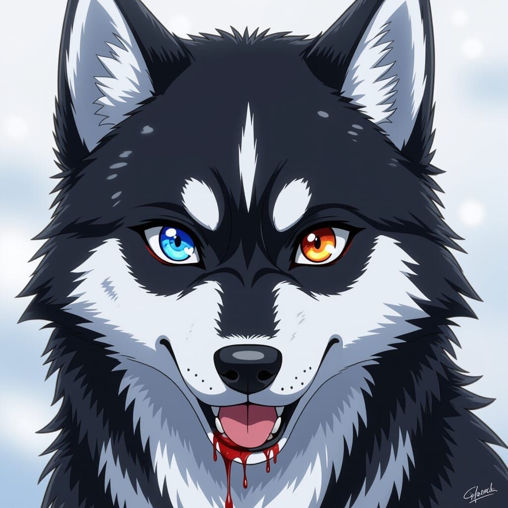 Anime Black Husky with Heterochromia and Blood