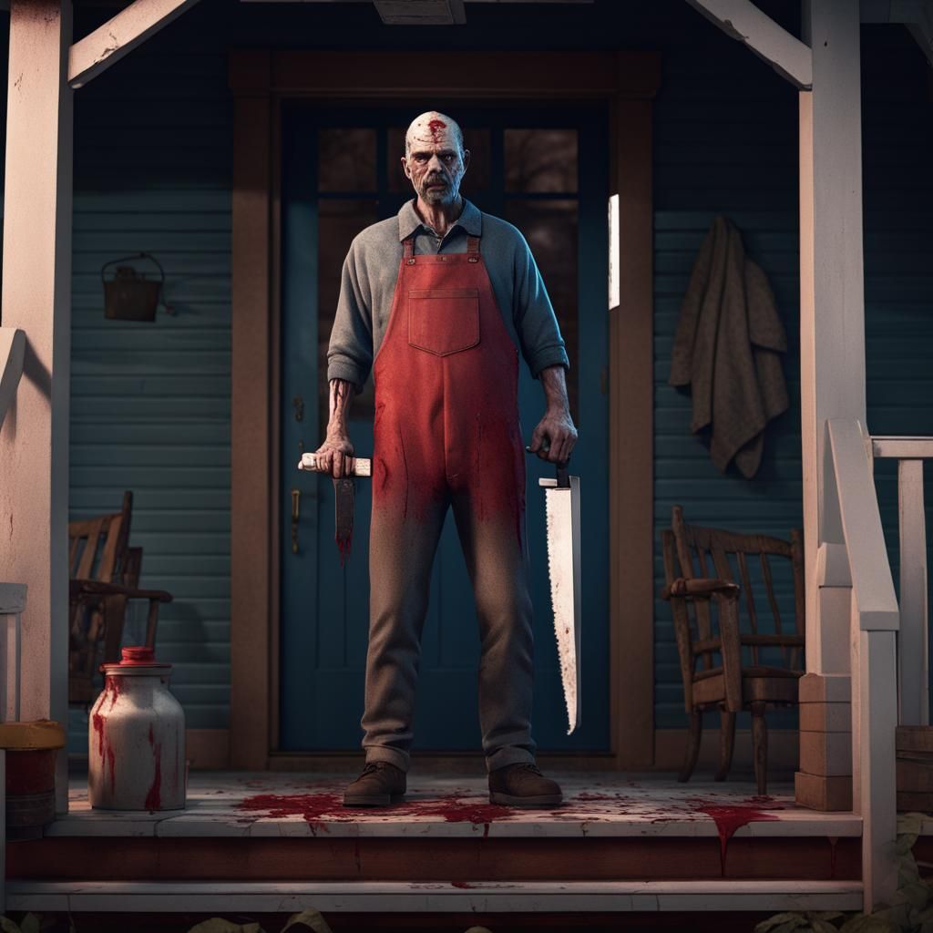 Menacing Figure with Cleaver on Porch: Matte Painting