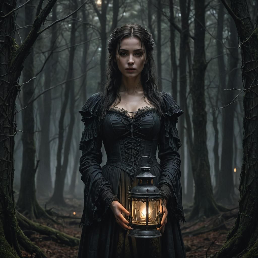 Gothic Woman with Lantern in Dark Forest