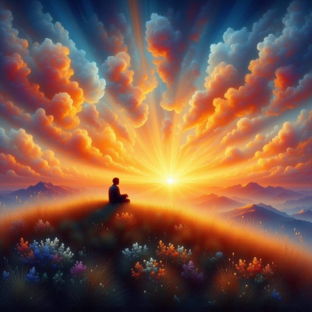 Lone Figure on Hilltop at Sunset in Luminist Style