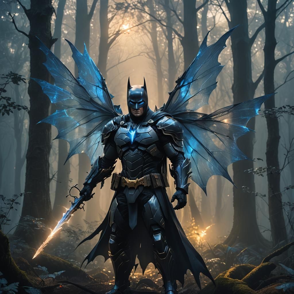 Armored Batman Fairy in Misty Forest Concept Art