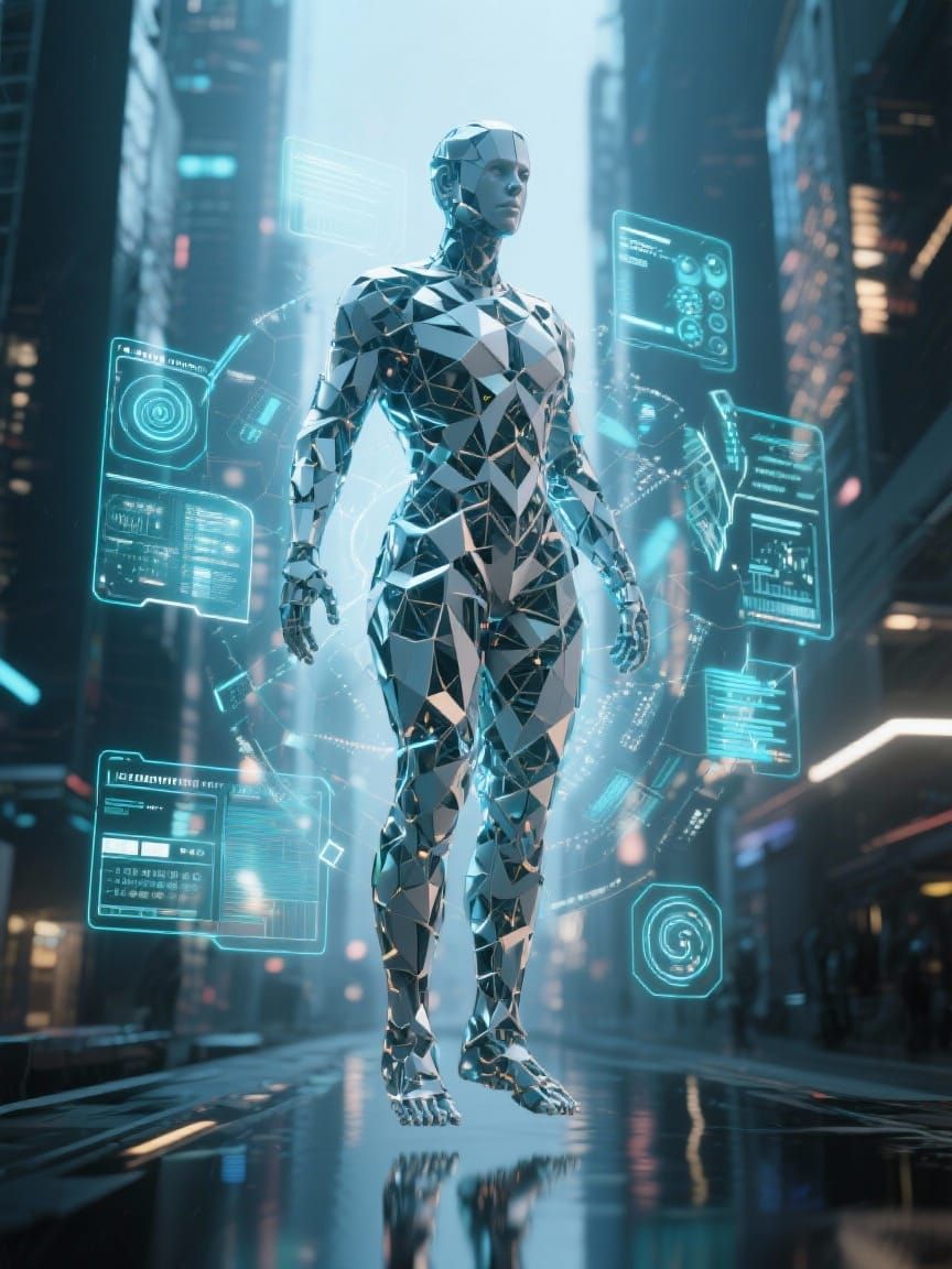 Exploded Geometric Figure in Futuristic City