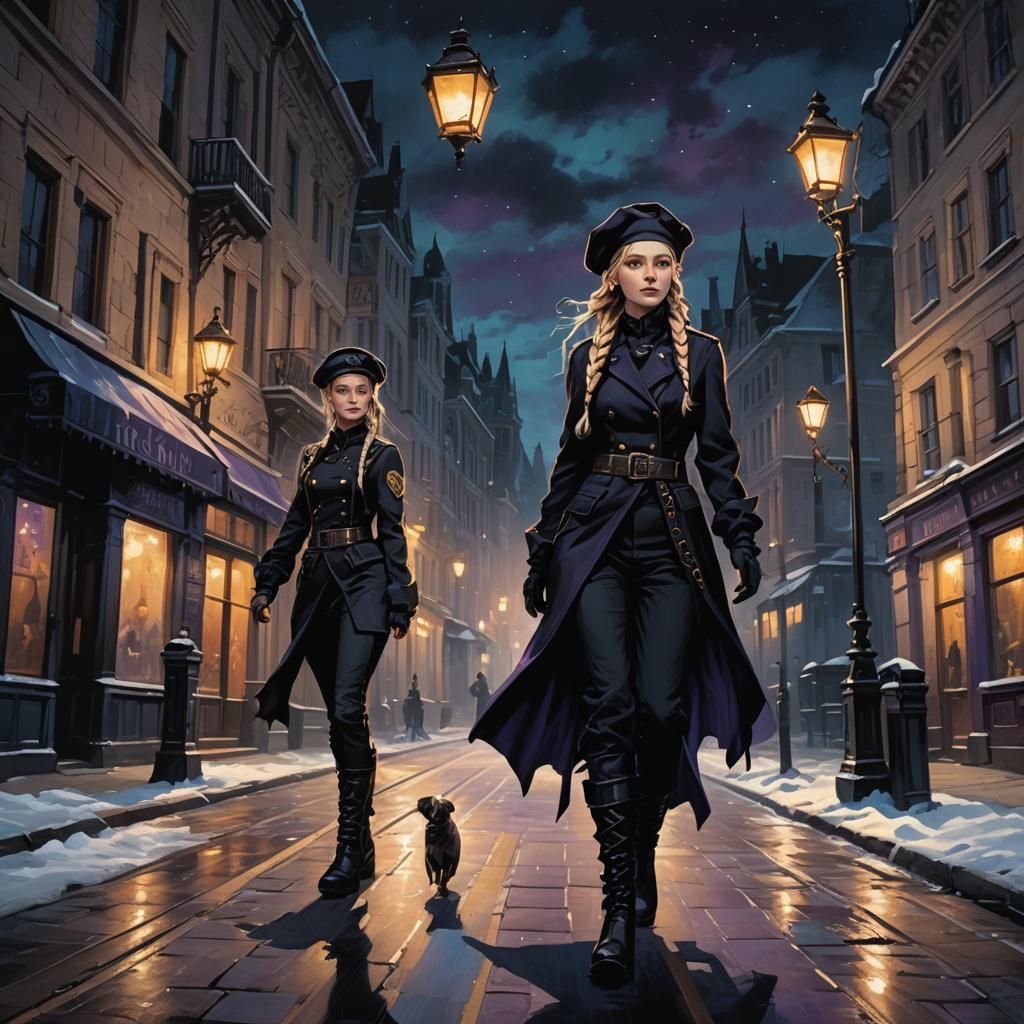 Dark Fantasy Woman Patrols Gothic City Street