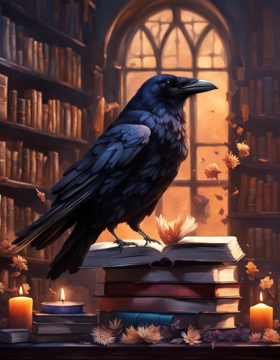 Dark Academia Raven in Library with Candles