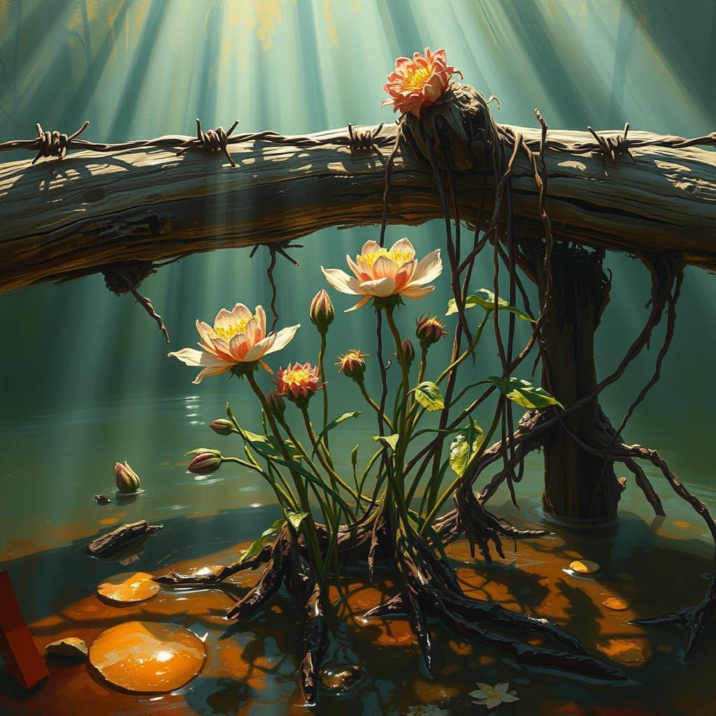 Dystopian Ruins Reflected in Murky Water