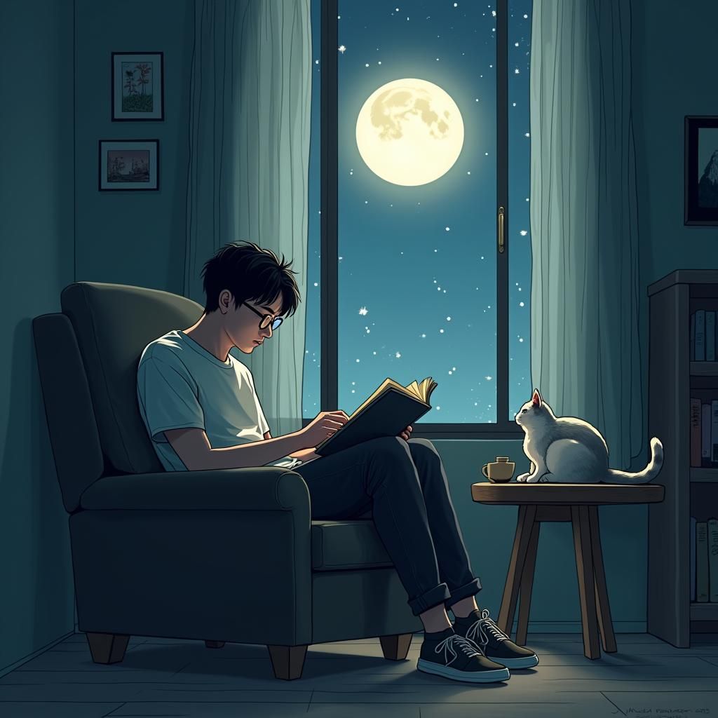 Anime Style Lofi Boy Reading with Cat