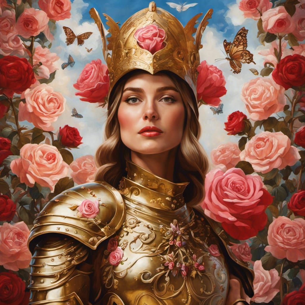 Woman Warrior in Gold Armor with Roses