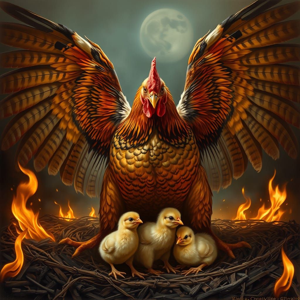 Majestic Hen Protects Chicks from Fiery Blaze