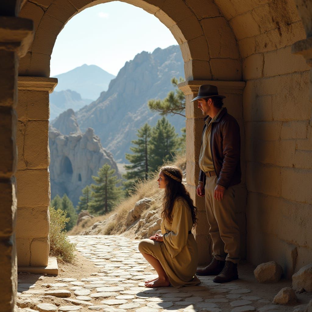 Realistic Photo of Woman and Indiana Jones in Mountain Shrin...