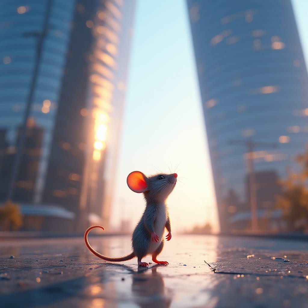 Tiny Mouse in Awe of Colossal Skyscraper