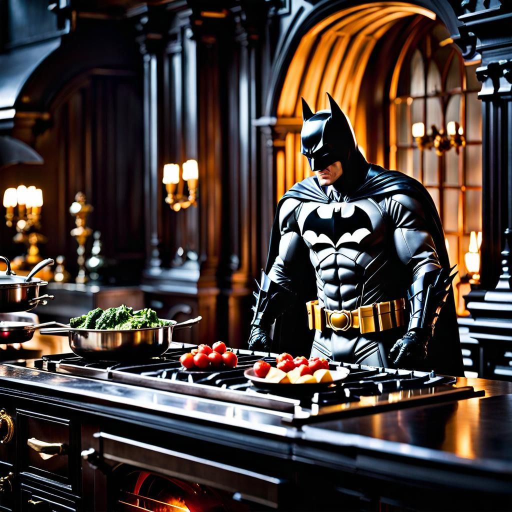 Batman and Alfred Cooking in Wayne Manor Kitchen