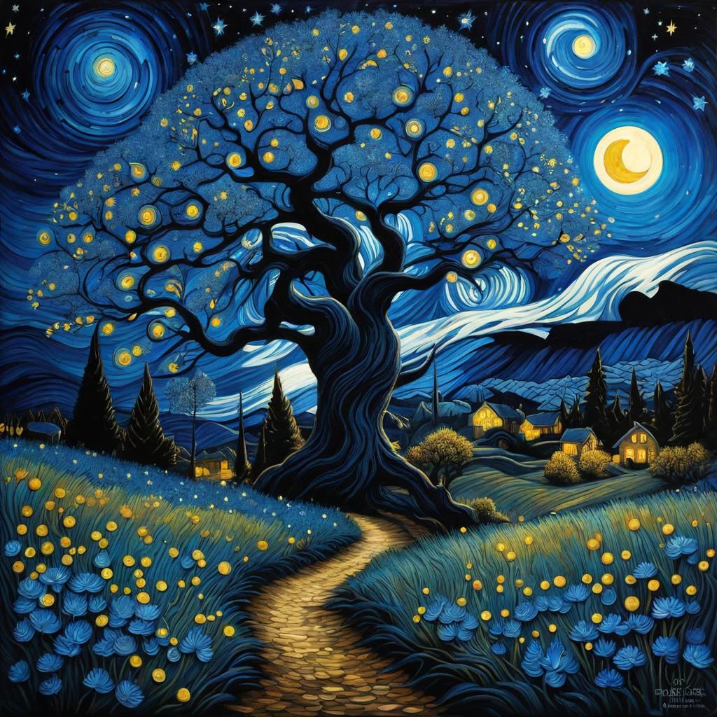 Gothic Oak Tree with Blue Leaves and Stars