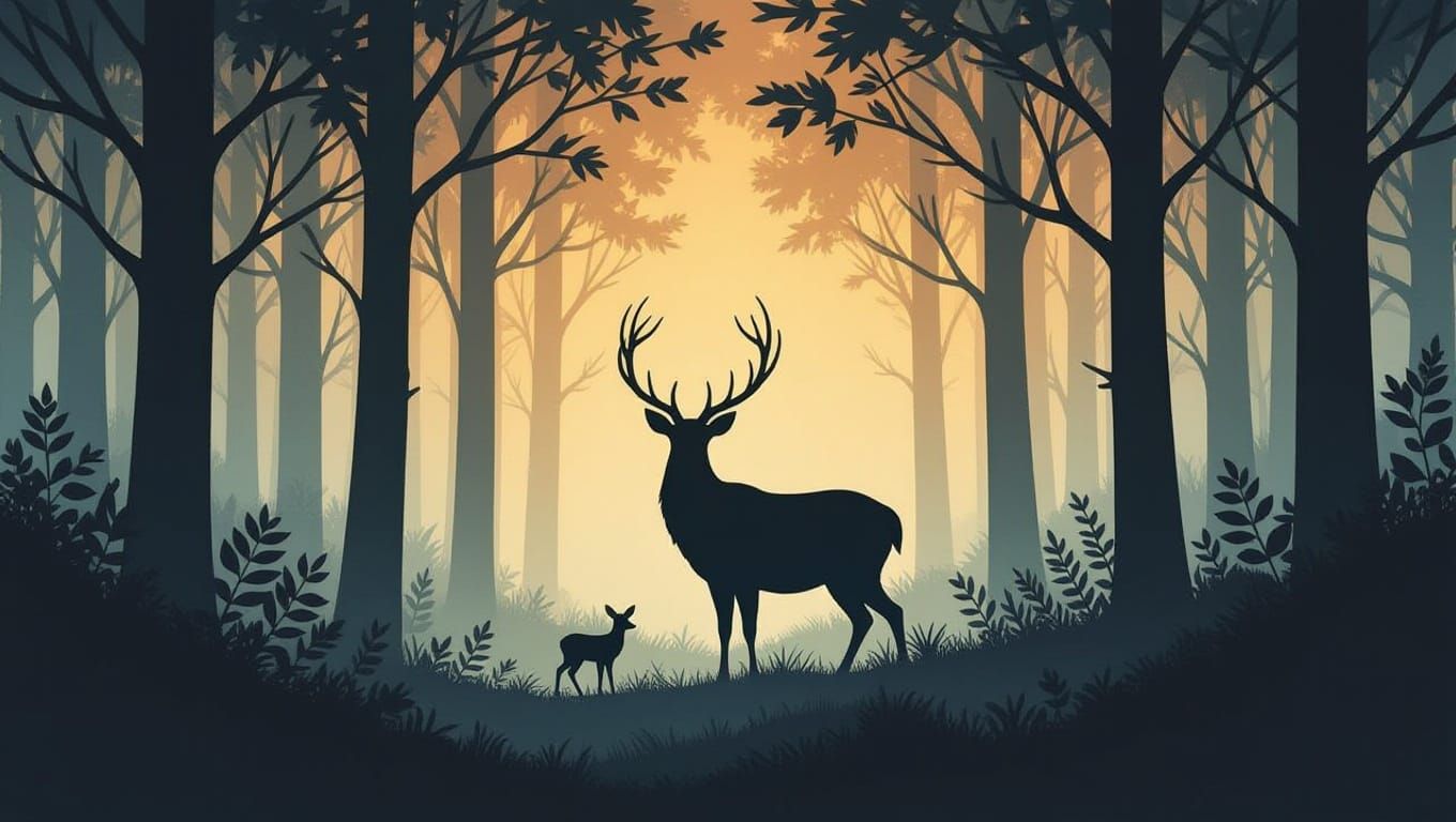 Stag Silhouette in Mystical Forest, Watercolour Art