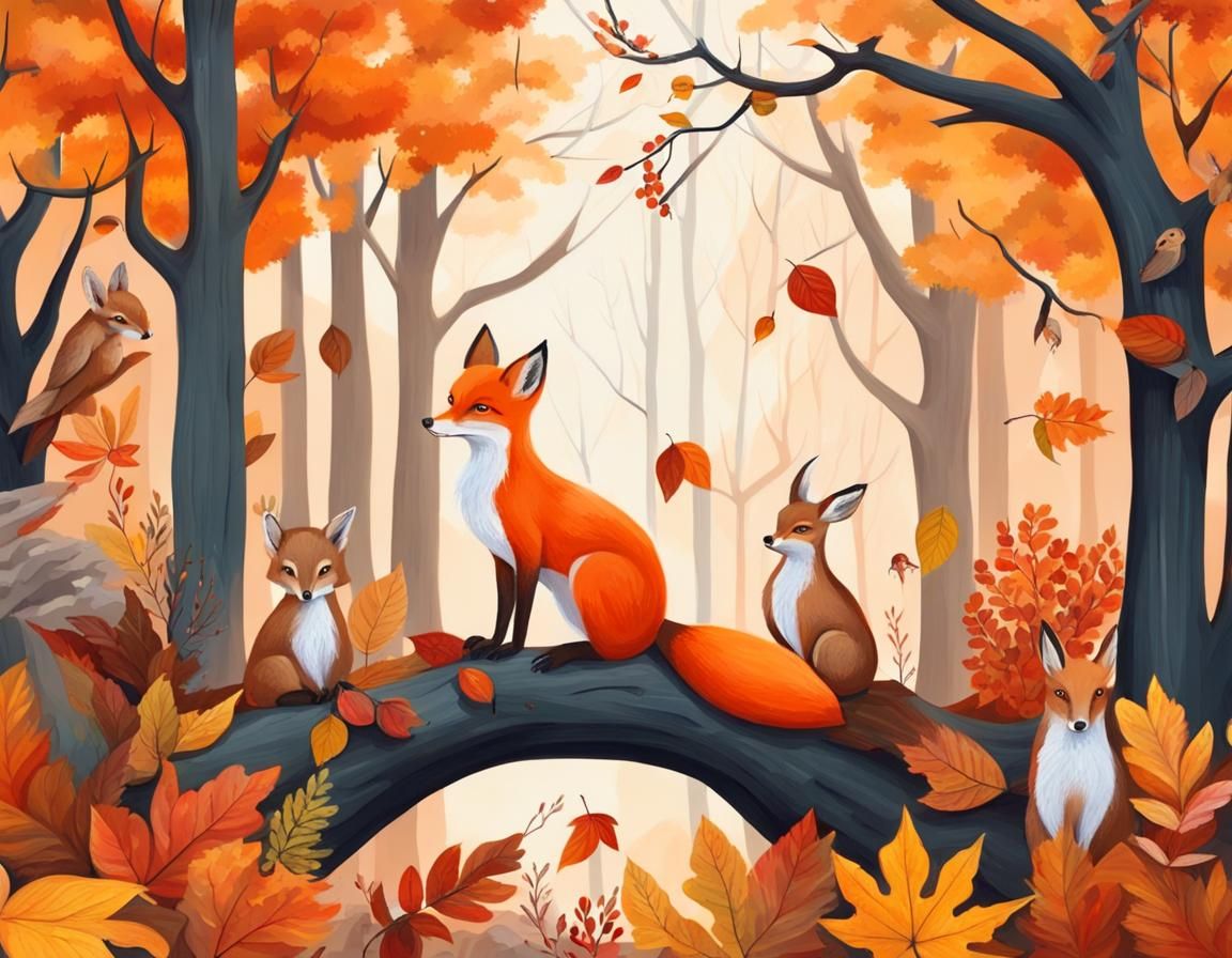 Detailed Gouache Painting of Autumn Forest Animals