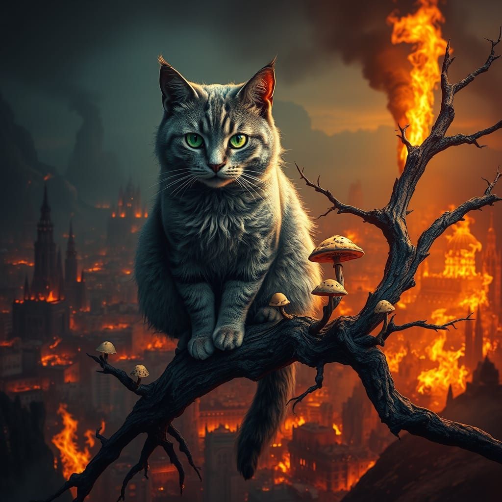 Ash Grey Tabby Cat Reigns Amidst Apocalyptic Inferno