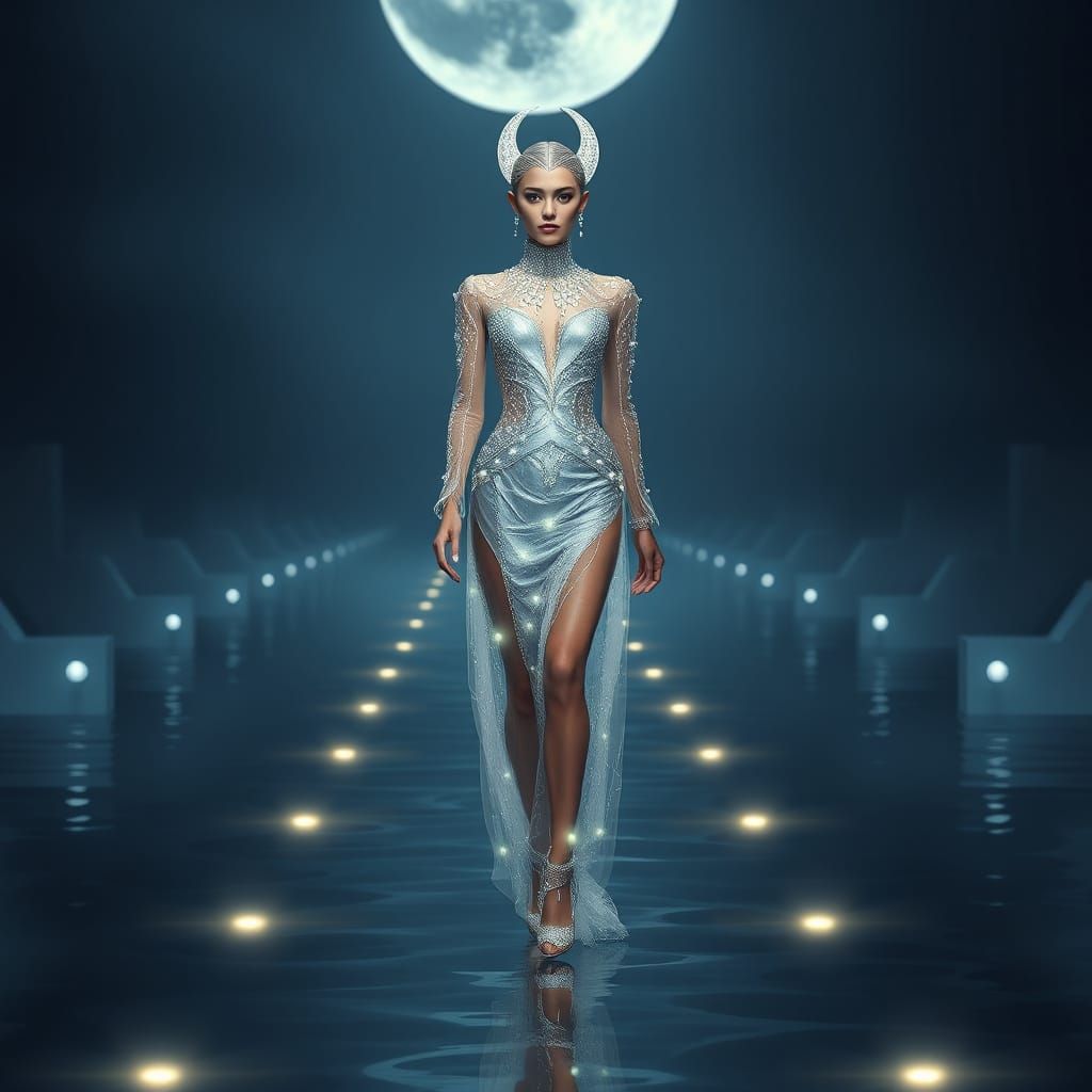 Ethereal Fashion Model Strolls Under Celestial Lights