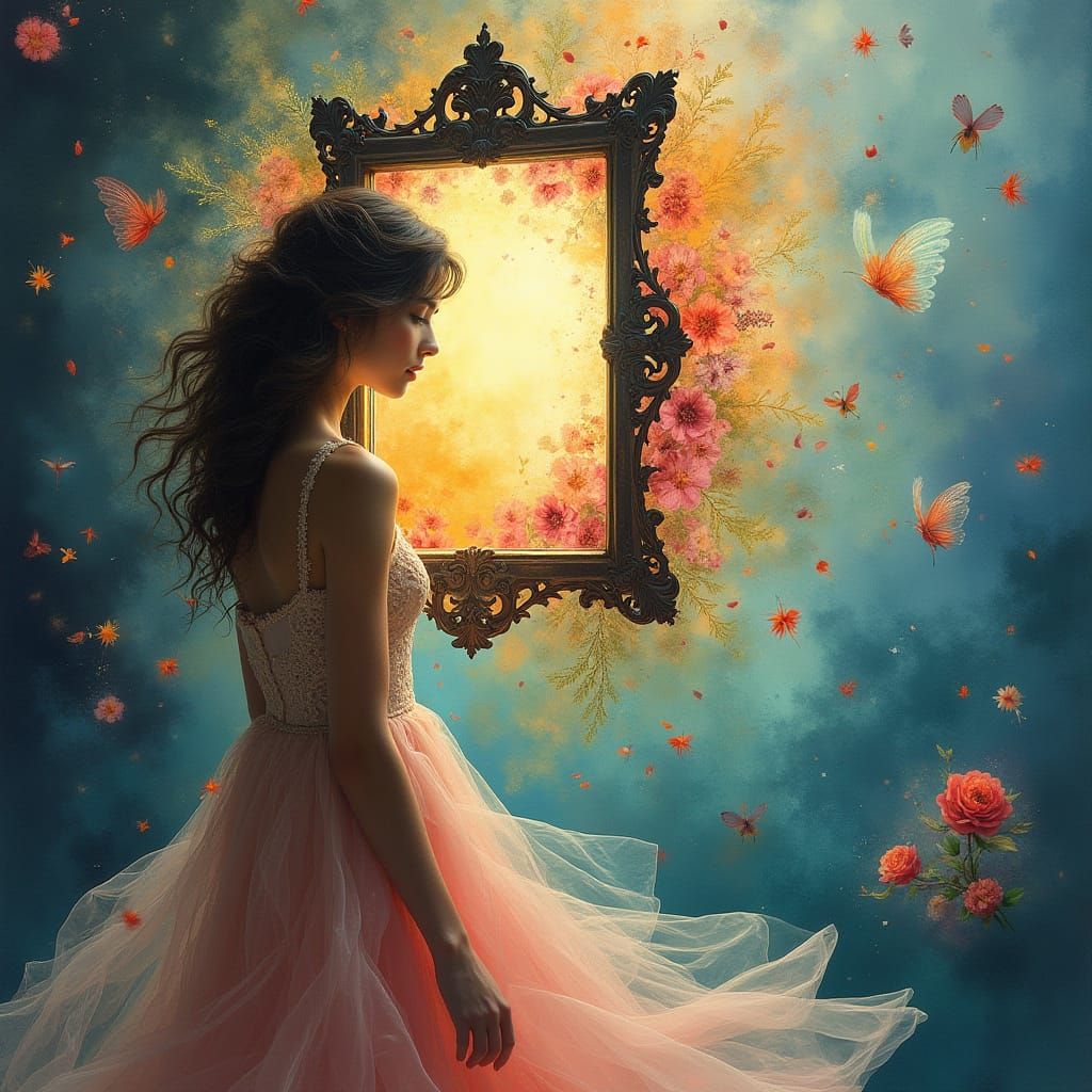 Dreamlike Woman in Vibrant Blooms and Iridescent Wings