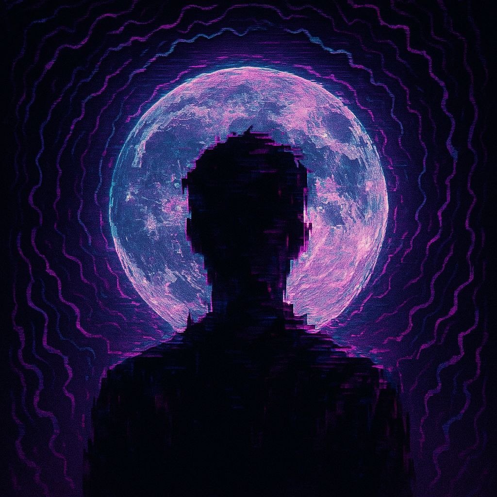 Techno-Glitch Moon Silhouette Art in Cyberwave Style