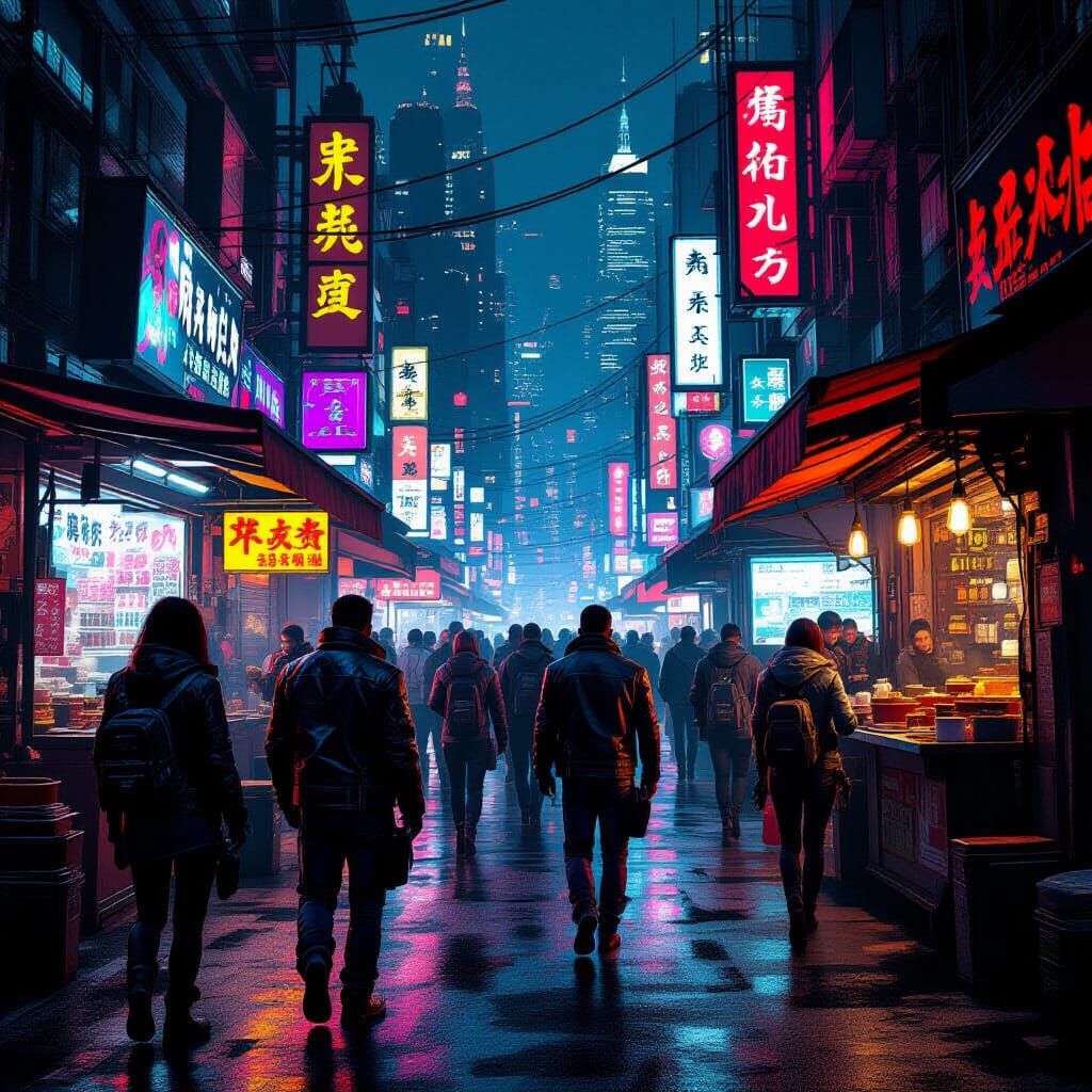 Cyberpunk Marketplace at Night in Gritty Style