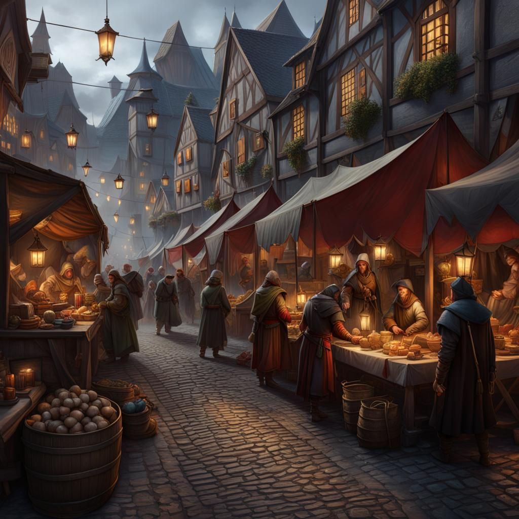 Bustling Medieval Nordic Market: Fantasy RPG Art