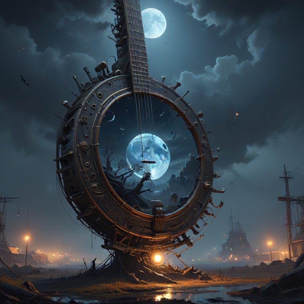 Majestic Lunar Banjo in Enchanted, Hyper-Realistic Scene
