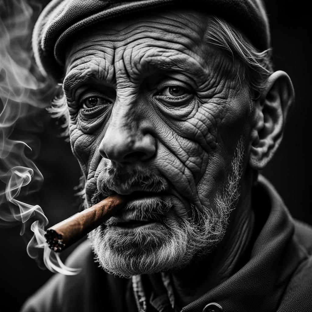 Man Smoking Cigar: Close-Up Portrait in Ambient Light