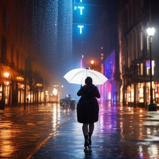 Curvy woman in a  wet dress walking all wet in the rain