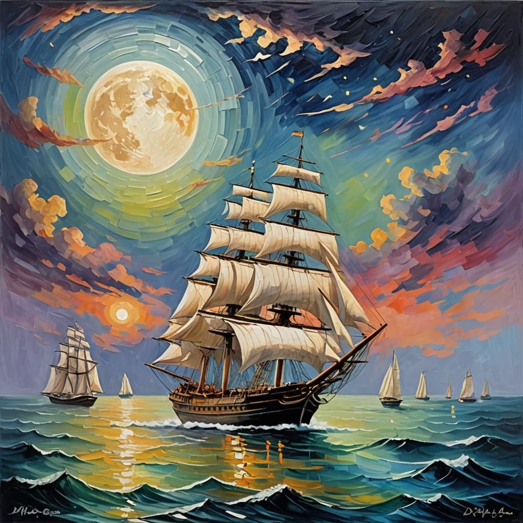 Clipper Ships at Night: Neo-Impressionist Oil Painting