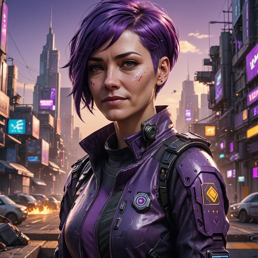 Cyberpunk Portrait: Purple Hair, Sunshine, Sad Smile
