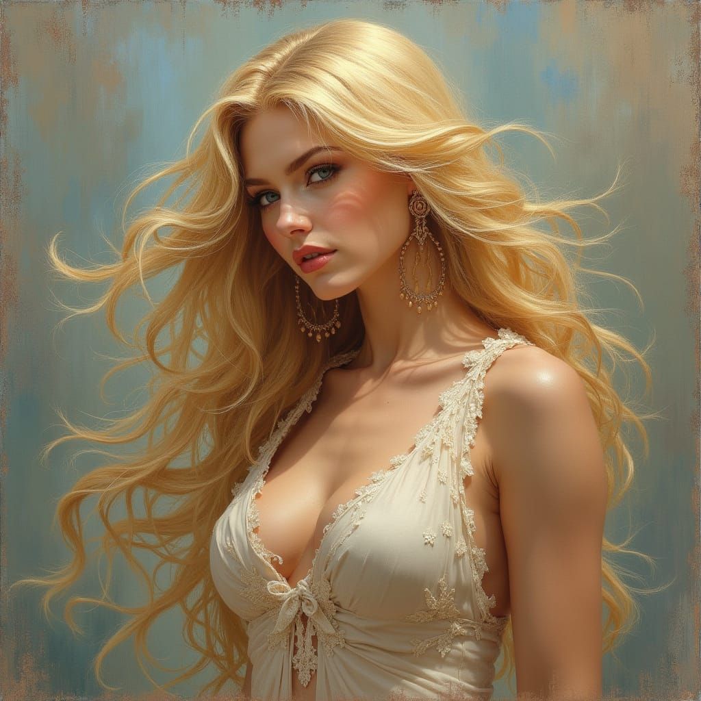 Erotic Fantasy Model in Gouache Watercolor Style