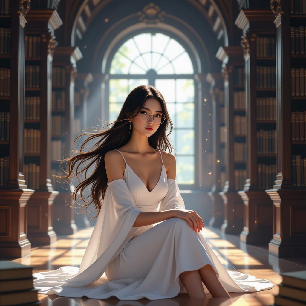 Elegant Woman in Ancient Library, Digital Painting