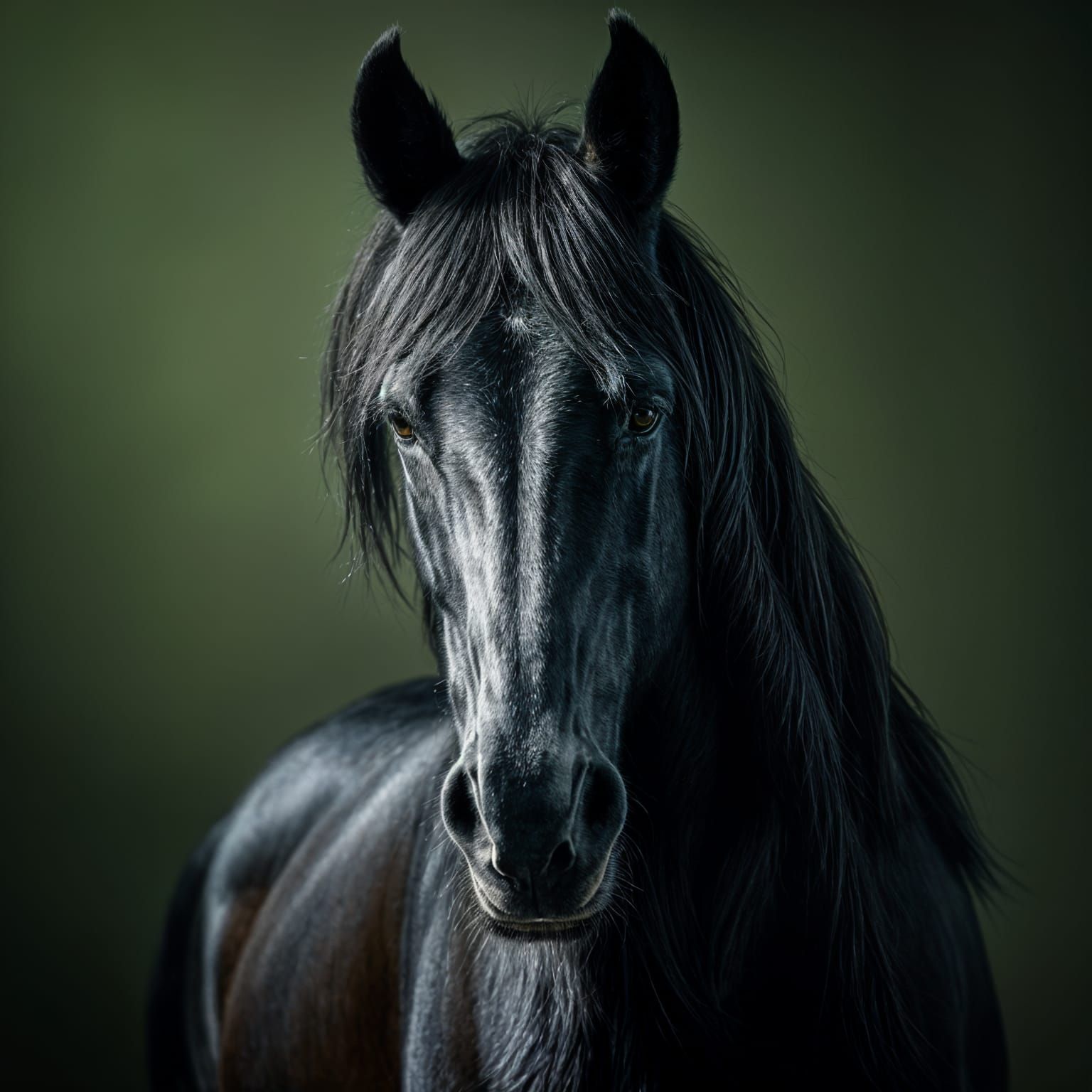Regal Friesian Stallion in Dramatic Rembrandt-Inspired Light...