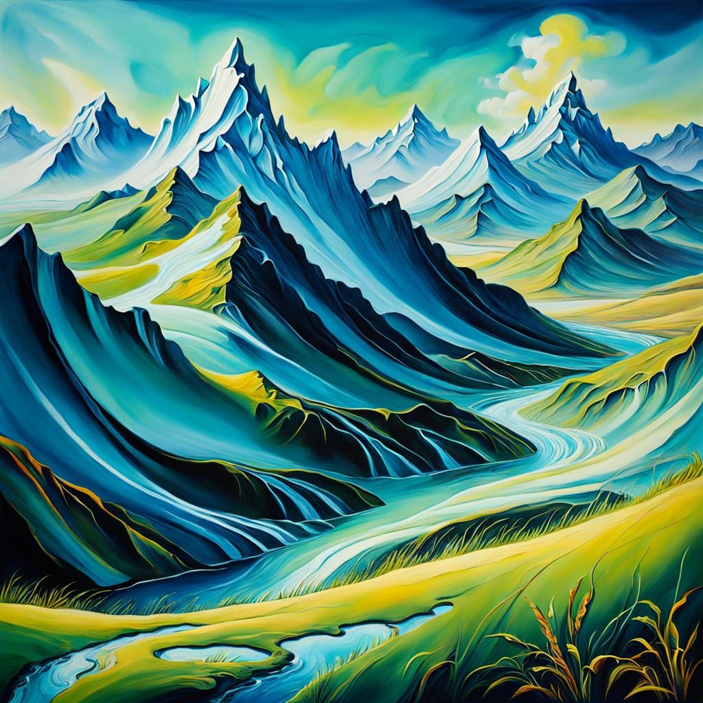 Surrealist Oil Painting of Melting Mountains and Sinuous Gra...