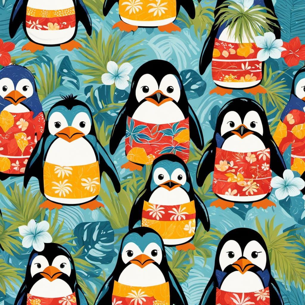 Vibrant Penguins in Hawaiian Shirts