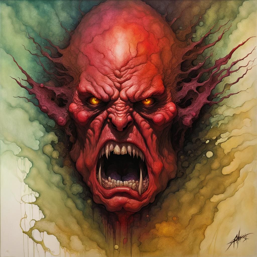 Horrific Angry Face in Alcohol Ink Style