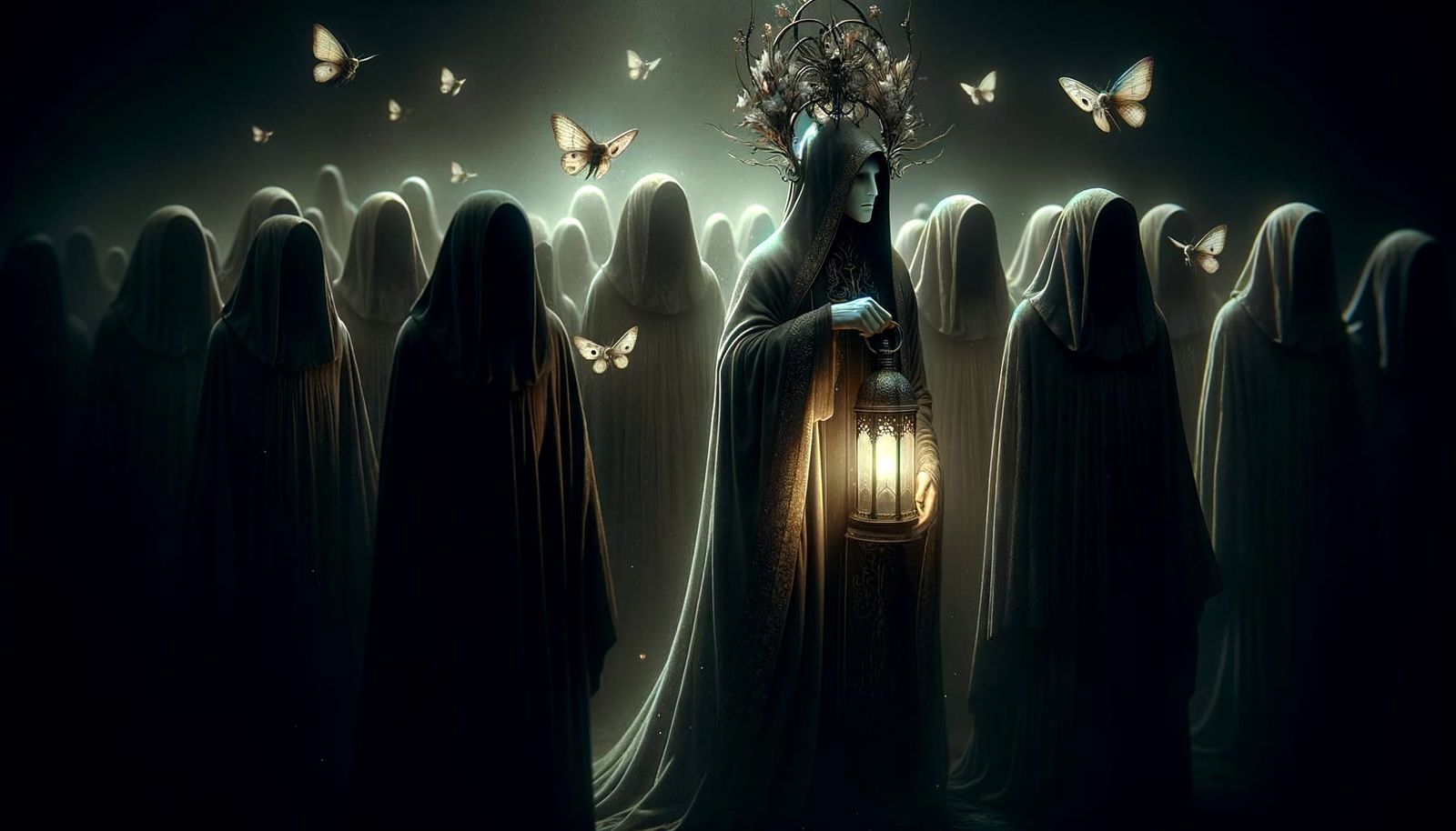 Mystical Moth-Winged Cleric Leading Shadowy Procession