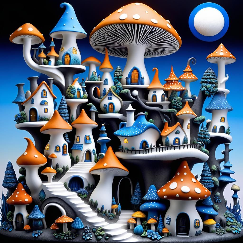 Pottery clay sculpture surrealism Jim Warren surrealism Pottery clay sculpture fairy village houses Stipple texture int...