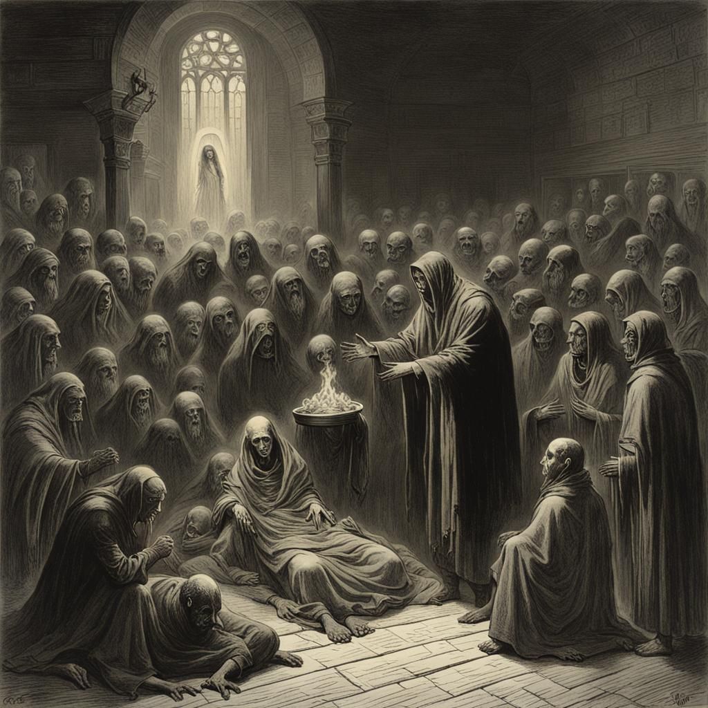 Exorcism and Demonic Possession in Dark Engraving Style