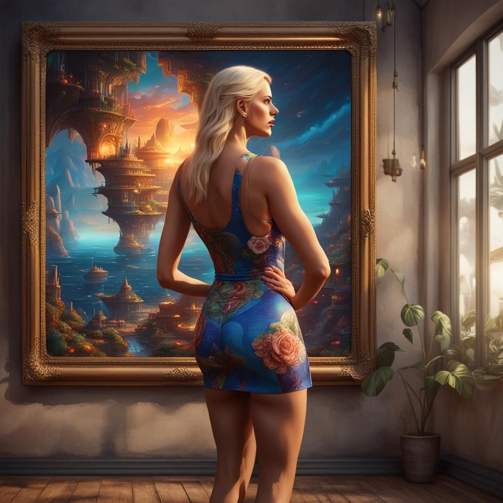 Blonde Woman Gazing at a Revealing Fantasy Portrait