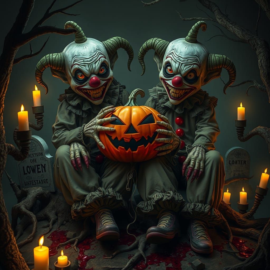 Unsettling Gyaru Clowns in Graveyard with Pumpkin Balloons